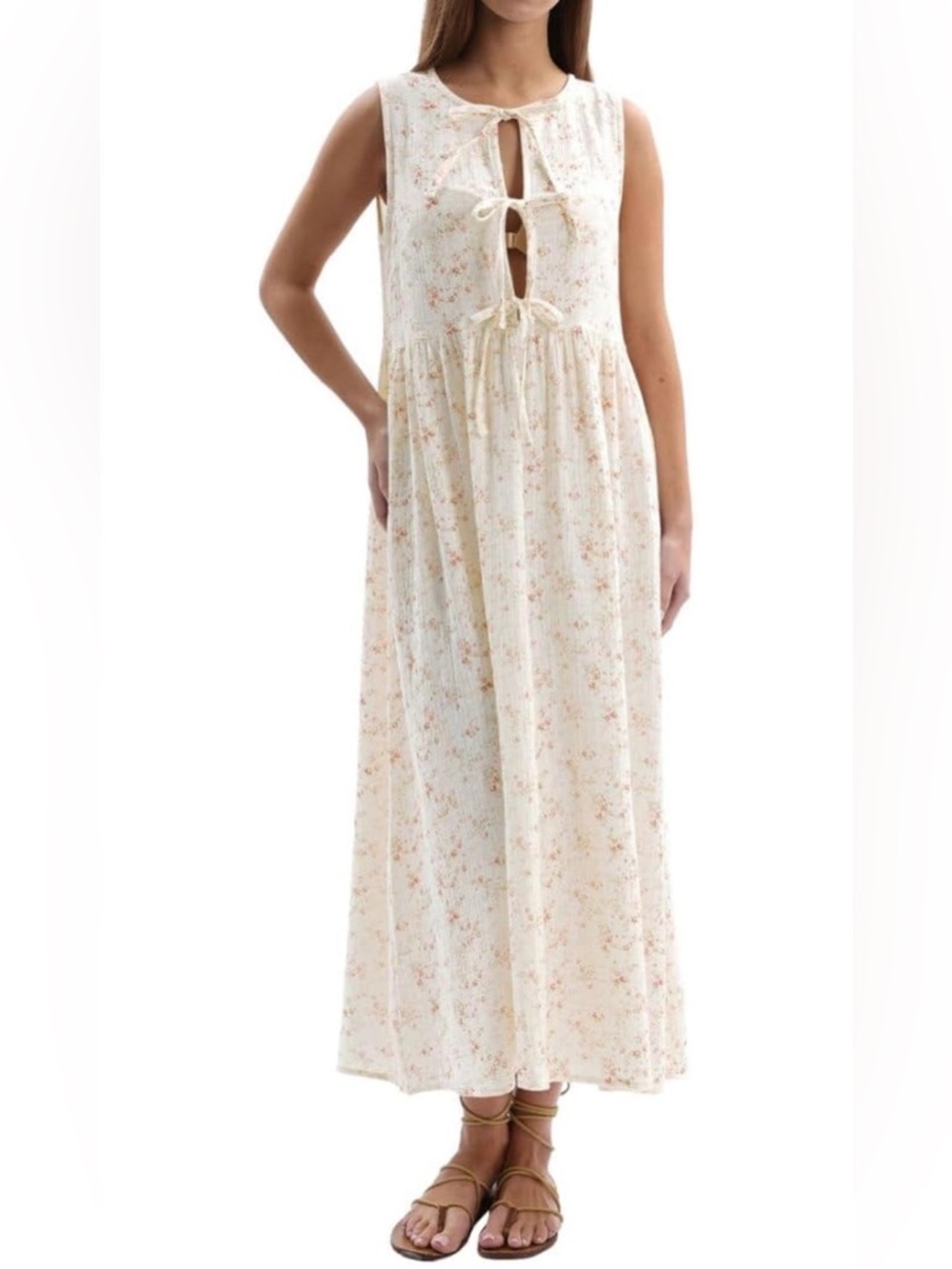 Amazhiyu Women’s Cotton Gauze Floral Tie Front Crew Neck Sleeveless Maxi Dress M